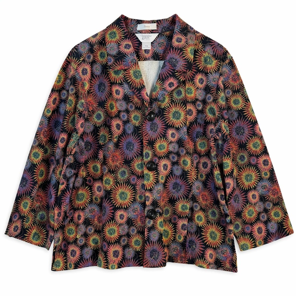 Y2k vtg Petite Sunburst Celestial Button Front Jacket Blazer Rainbow PM cotton